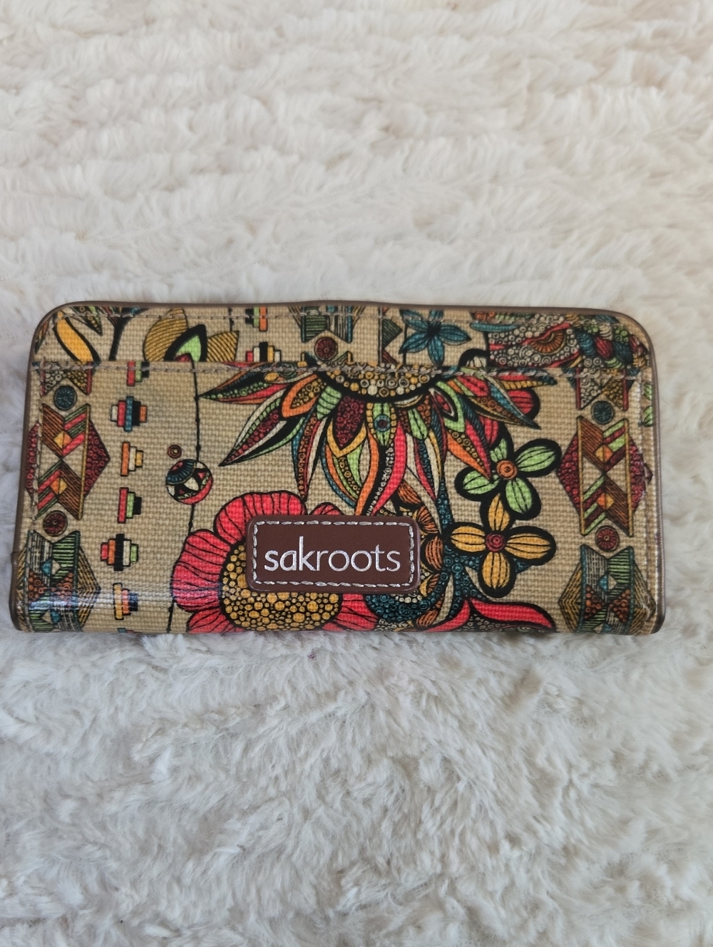 Sakroots Beige Floral Zip Card Wallet with Red, Green, Yellow Accents